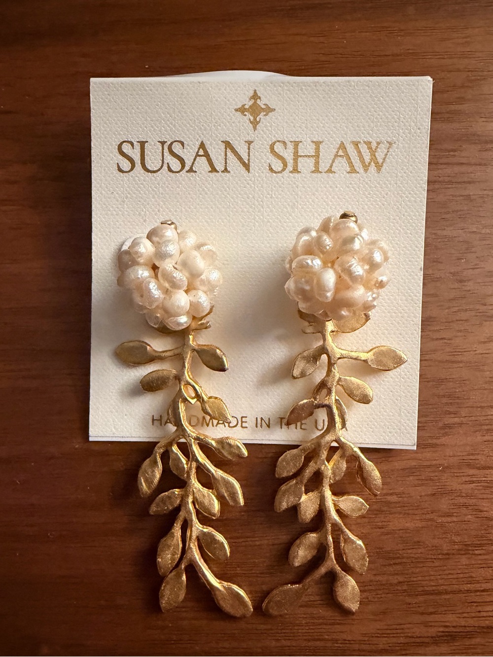 Susan Shaw Gold Leaf & Pearl Cluster Drop Statement Earrings